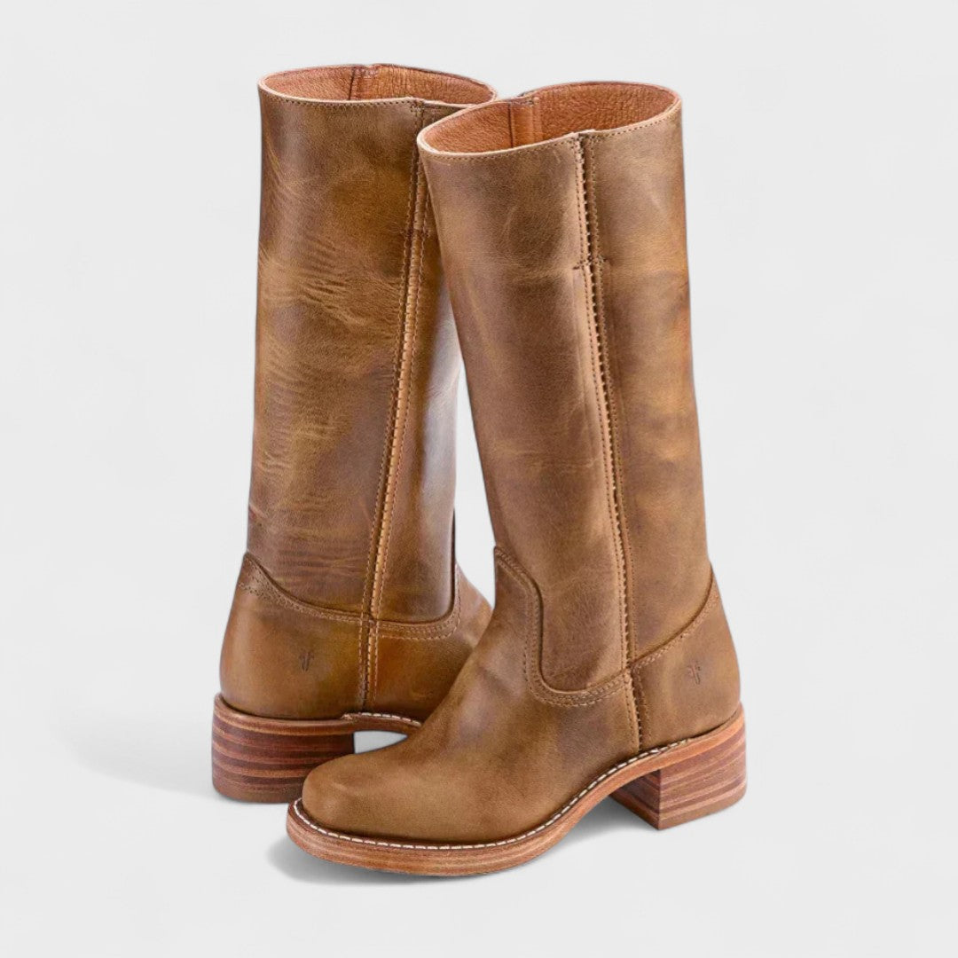 Dark brown women's elegant equestrian knee-high boots, perfect for dressy or casual fall outfits.