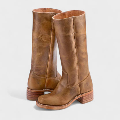 Dark brown women's elegant equestrian knee-high boots, perfect for dressy or casual fall outfits.