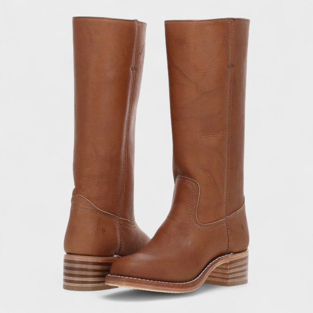 Light brown women's equestrian style knee-high boots, ideal for elegant fall fashion and comfort.