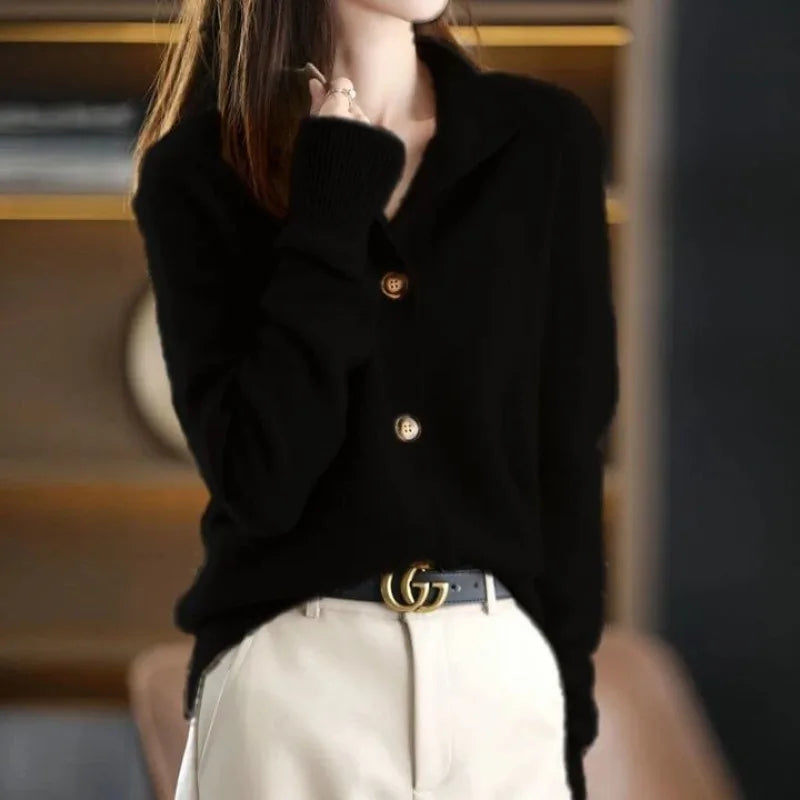 Soft knit women's button-front cardigan, an elegant sweater featuring stylish oversized buttons.