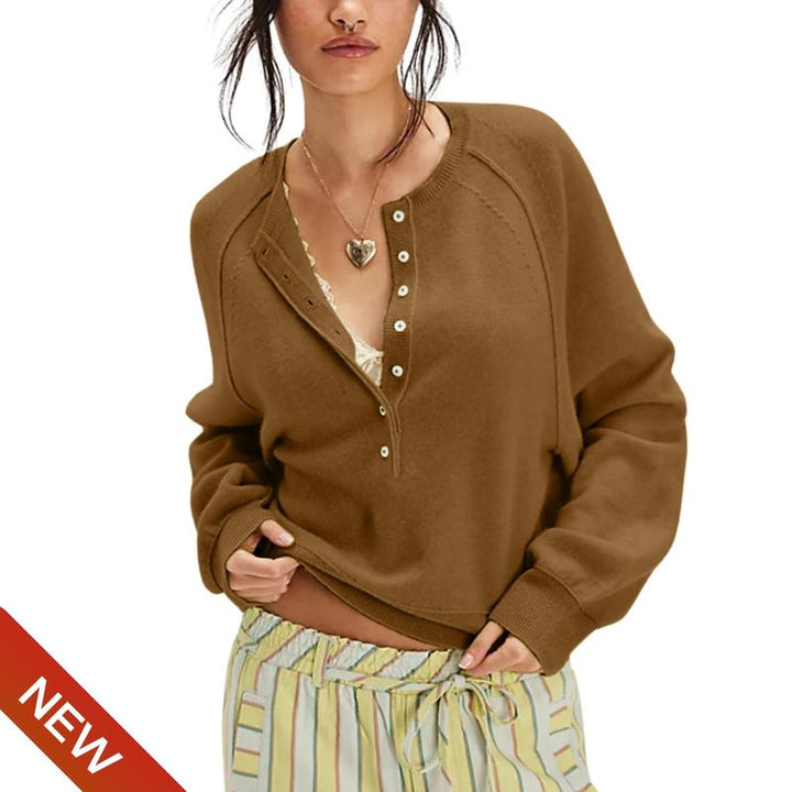 Elegant women's knit pullover with stylish button-front detail, perfect for casual chic autumn & winter fashion.