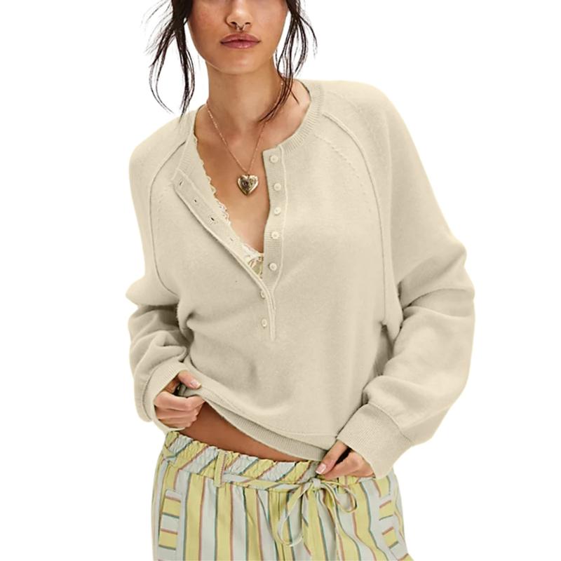 Relaxed fit women's button-front knit pullover, a versatile layering top for everyday autumn & winter wear.