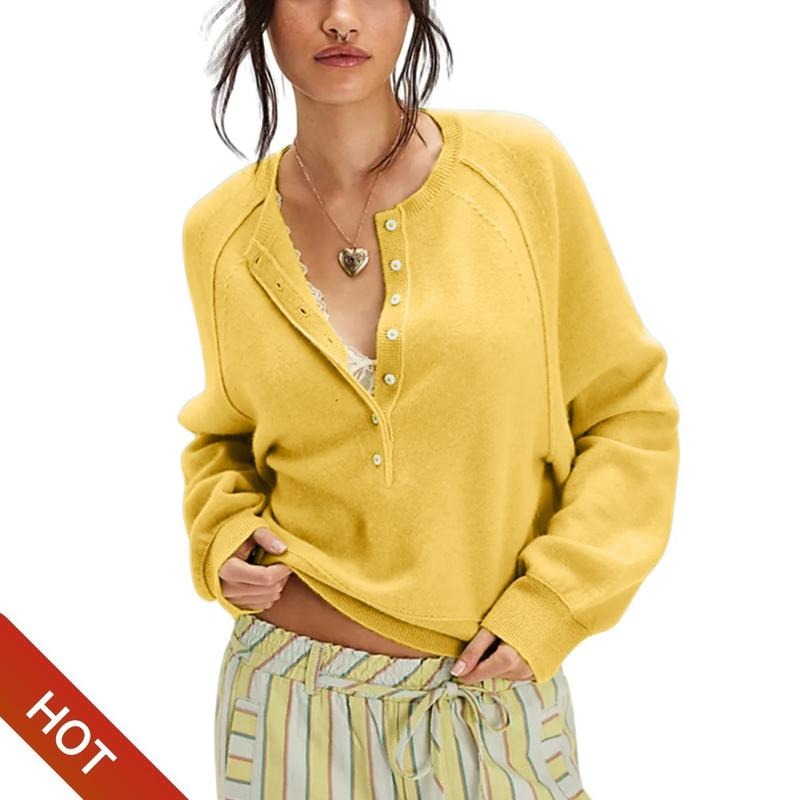 Chic women's button-front knit pullover, an elegant casual top for easy everyday wear and autumn style.