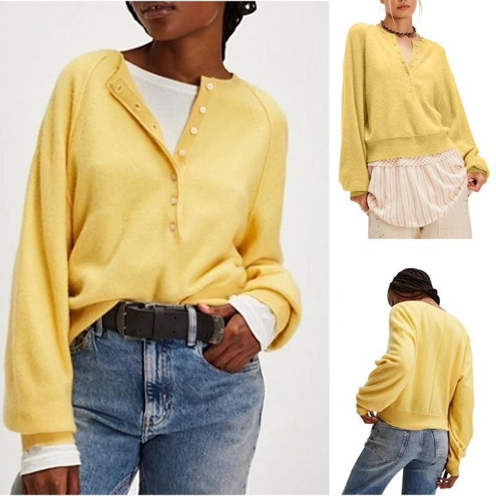 Stylish women's button-front knit pullover, offering a relaxed fit & elegant comfort for cool weather.