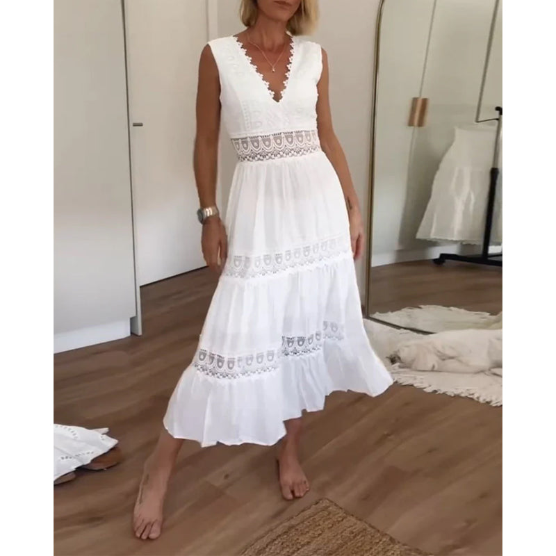 Flowy women's elegant lace midi dress with a flattering V-neck. Perfect A-line sleeveless design for warm summer days.