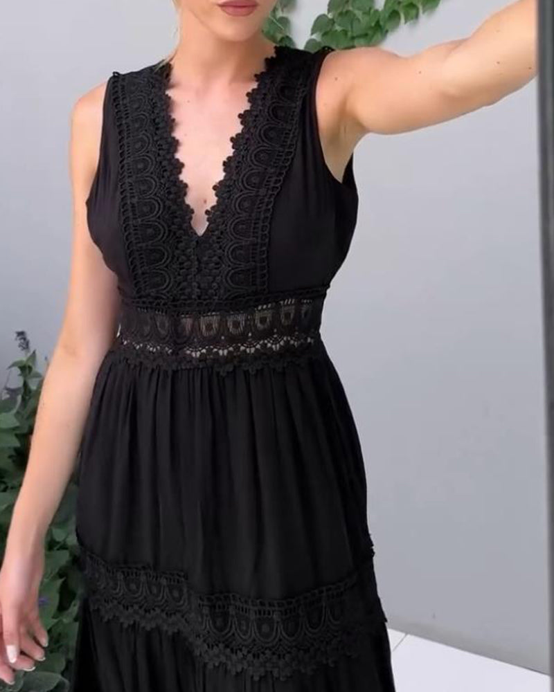 Stylish women's V-neck lace midi dress. This elegant A-line summer dress is versatile for day or evening events.