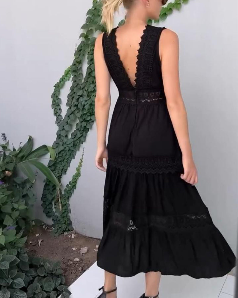 Lovely women's lace midi dress, featuring an elegant V-neck and an A-line cut. Ideal sleeveless summer casual wear.