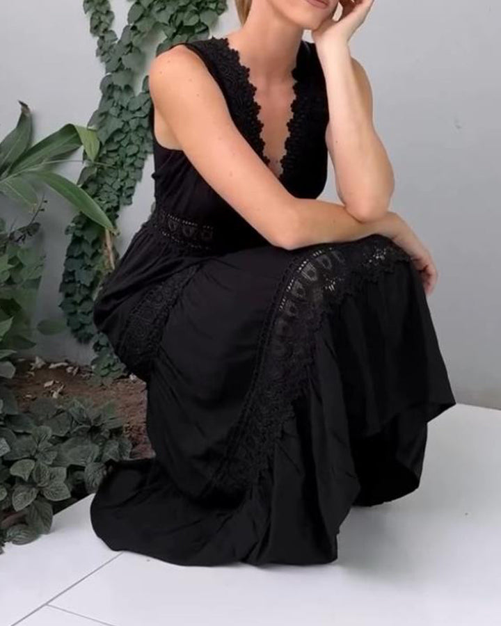 Elegant women's summer midi dress made with delicate lace, featuring a V-neck and A-line sleeveless design.