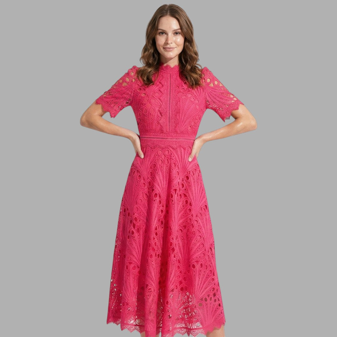 Elegant women's lace midi dress with short sleeves, perfect for formal events, parties, or evening wear. Sophisticated style.