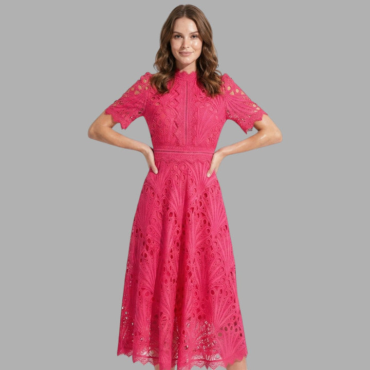 Elegant women's lace midi dress with short sleeves, perfect for formal events, parties, or evening wear. Sophisticated style.