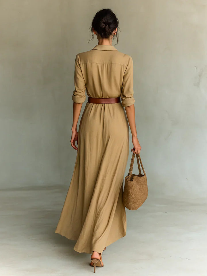 Classic women's long sleeve belted maxi dress featuring a chic lapel collar, offering modest yet sophisticated style.