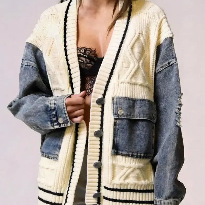 Elegant women's layering cardigan with stylish denim accents & button front closure, perfect for casual chic outfits.