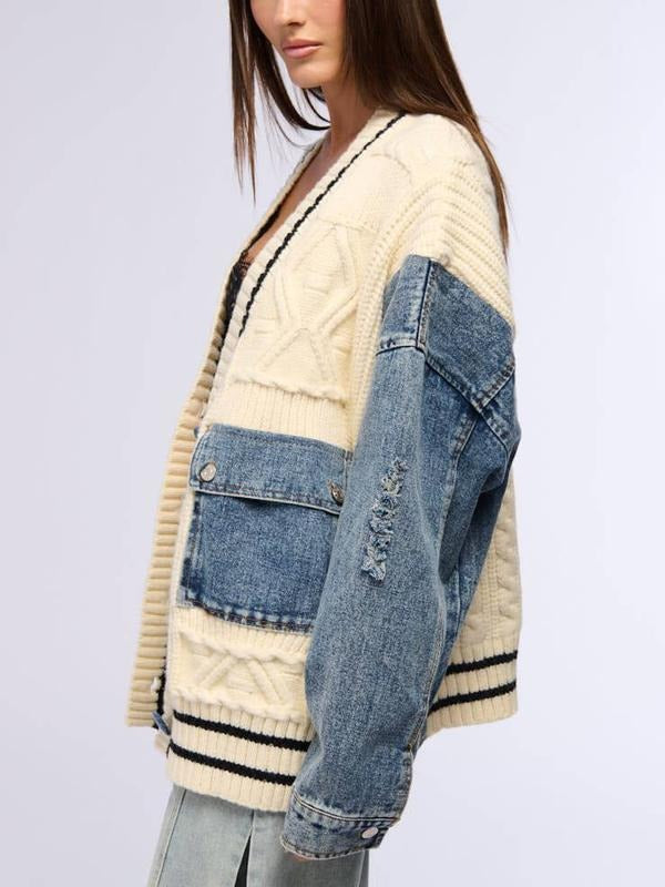 Comfortable women's long sleeve layering cardigan with denim details. Versatile fashion for elegant & casual wear.