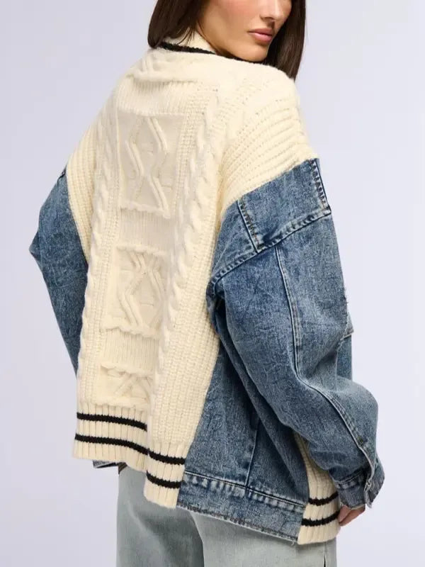 Stylish women's button-front cardigan with elegant layering design & chic denim accents. Ideal versatile outerwear.