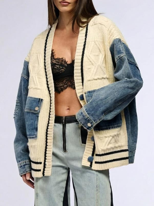 Women's elegant layering cardigan featuring denim accents, long sleeves & button front. Comfortable casual chic style.