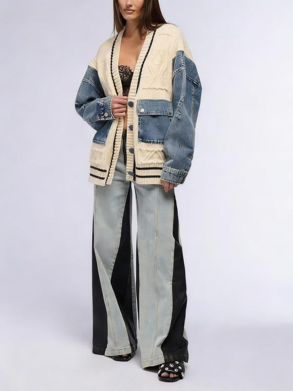 Chic women's layering cardigan with elegant denim details. Perfect versatile outerwear for a stylish & comfortable look.
