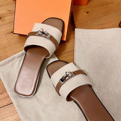 Stylish women's leather square-toe slides, versatile elegant summer sandals for everyday comfort.