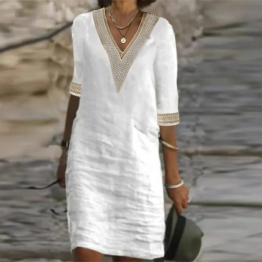 Elegant women's linen midi summer dress, perfect for stylish casual wear or vacation.