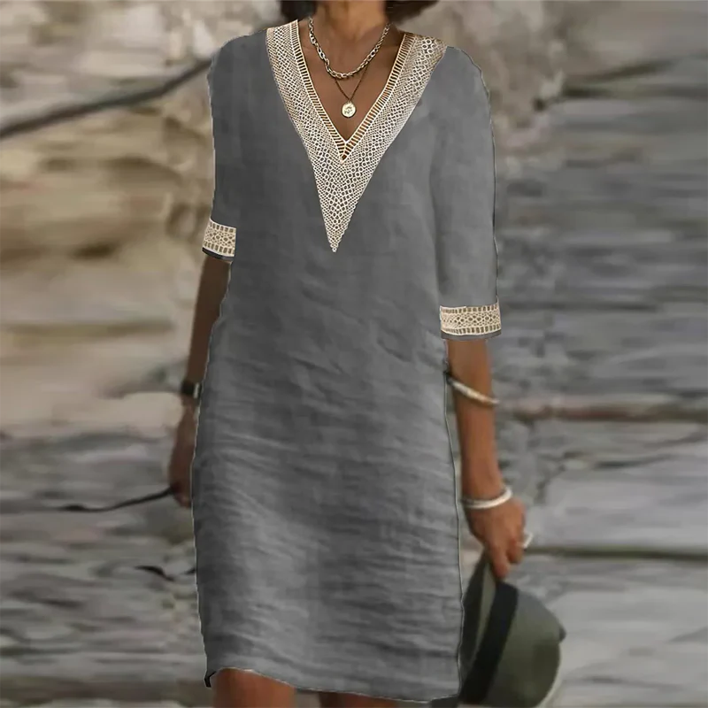 Stylish women's linen summer midi dress, ideal for vacation, beachwear, and elegant casual wear.