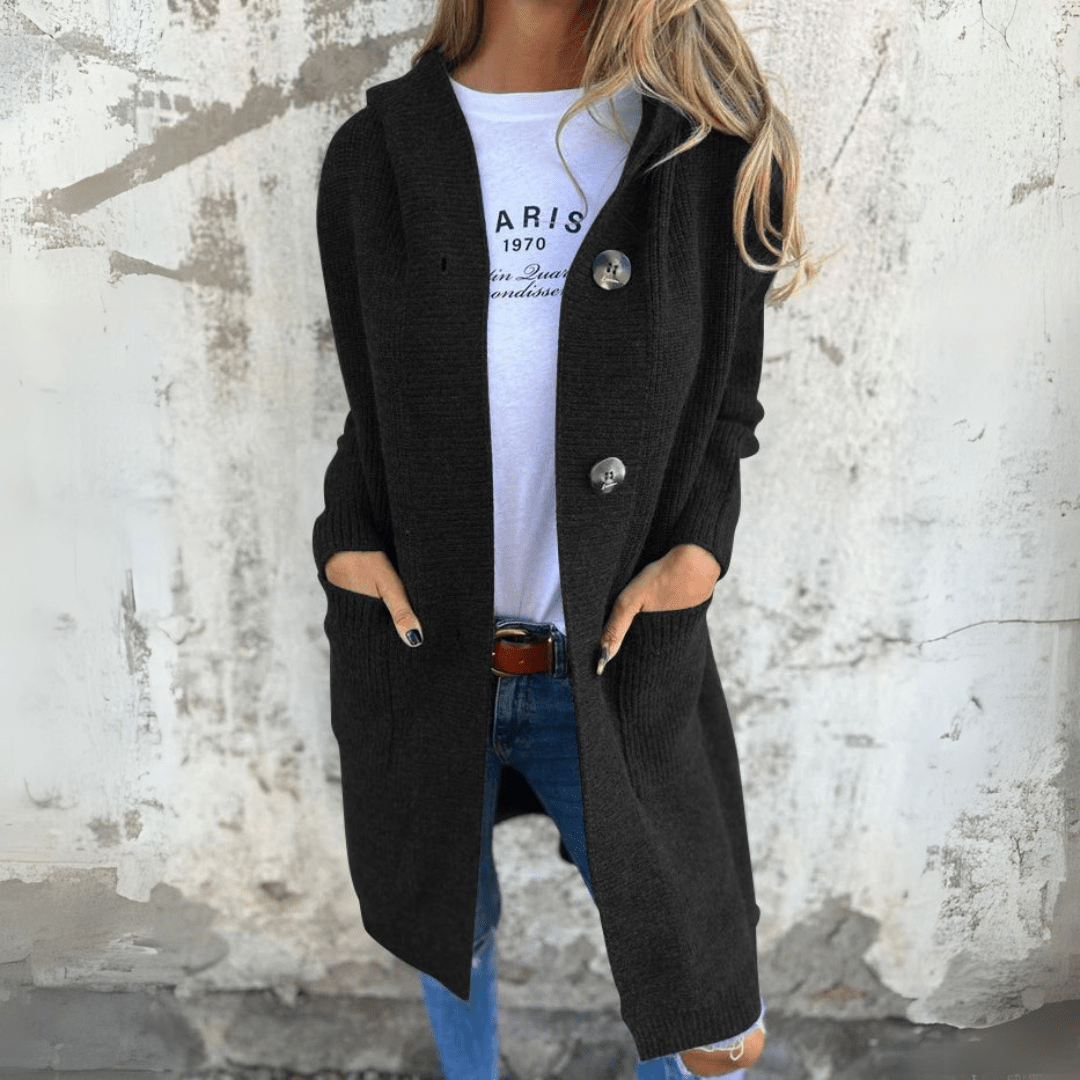 Sophisticated women's long cardigan, a versatile and elegant jacket for chic autumn & winter fashion.
