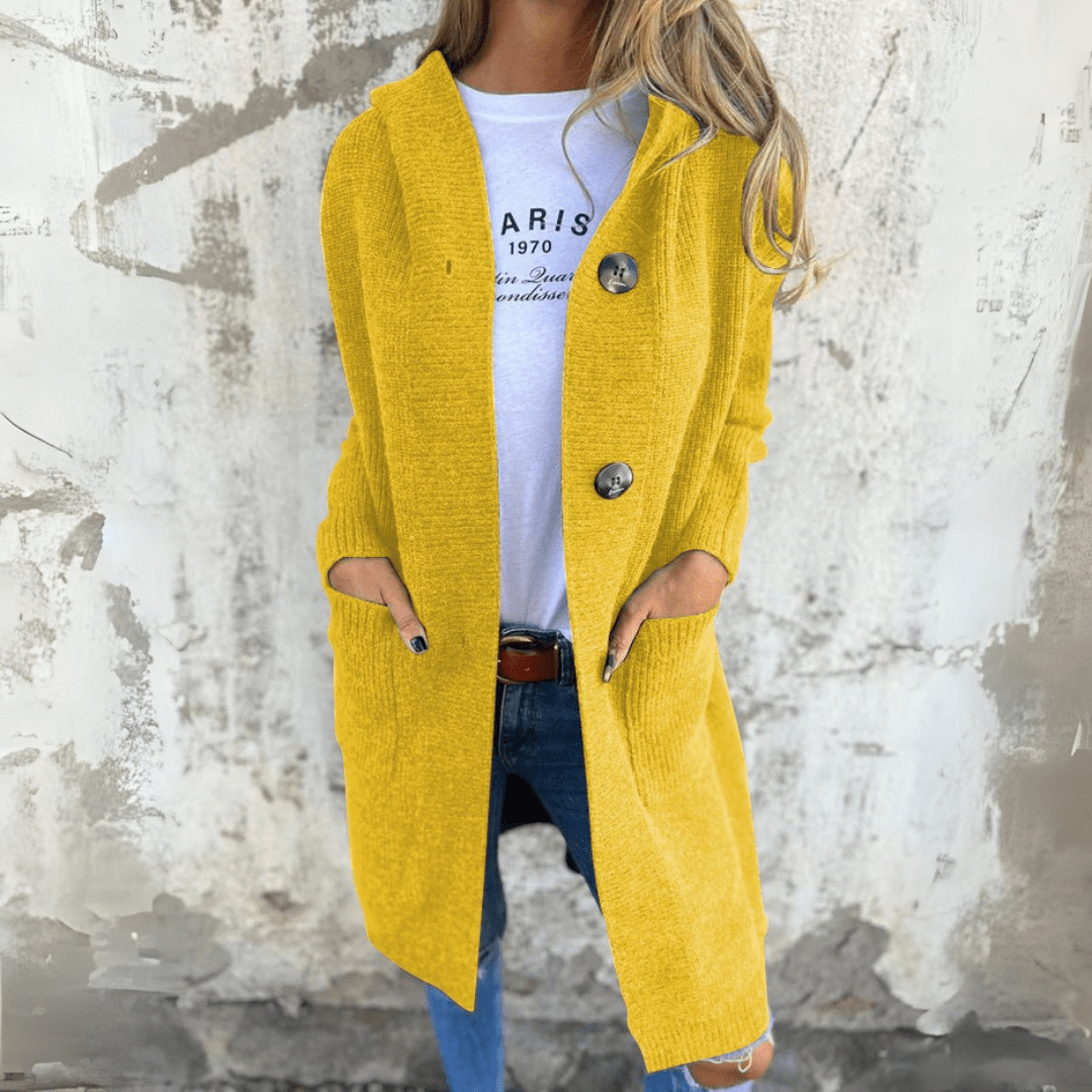 Women's long elegant cardigan sweater, a chic layering piece for versatile, comfortable autumn and winter outfits.