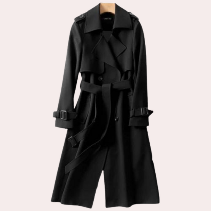 Elegant women's long double-button coat, tailored fit for sophisticated autumn & winter fashion.