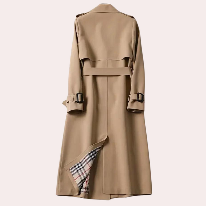 Stylish women's long coat with double-button closure & tailored fit, perfect formal or casual outerwear.