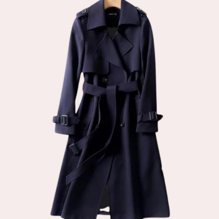 Versatile women's long double-button coat, offering a tailored fit for elegant and warm seasonal wear.