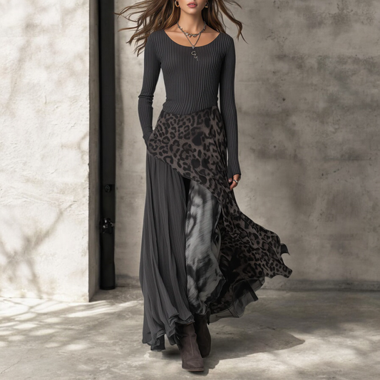 Elegant women's long maxi dress with stylish leopard print accents, perfect for evening wear or chic casual fashion.