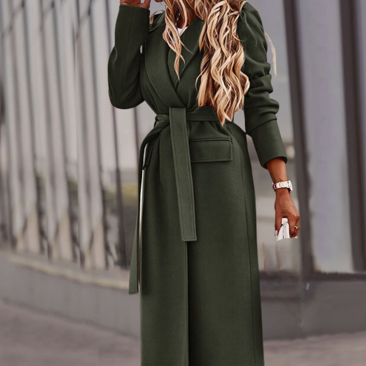 Elegant women's long maxi jacket with belt. Versatile belted outerwear, perfect for day to night fashion.