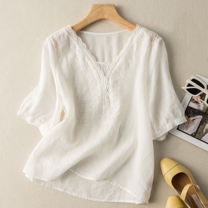 Chic women's embroidered blouse with delicate scalloped edge & long sleeves. Relaxed fit shirt, great for spring/summer.