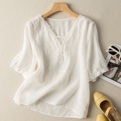Chic women's embroidered blouse with delicate scalloped edge & long sleeves. Relaxed fit shirt, great for spring/summer.