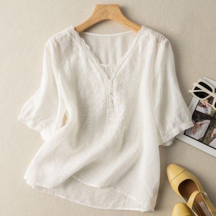 Chic women's embroidered blouse with delicate scalloped edge & long sleeves. Relaxed fit shirt, great for spring/summer.