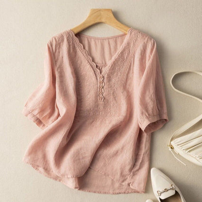 Women's elegant embroidered long sleeve blouse, flowy relaxed fit shirt with button-up detail, ideal for spring/summer.