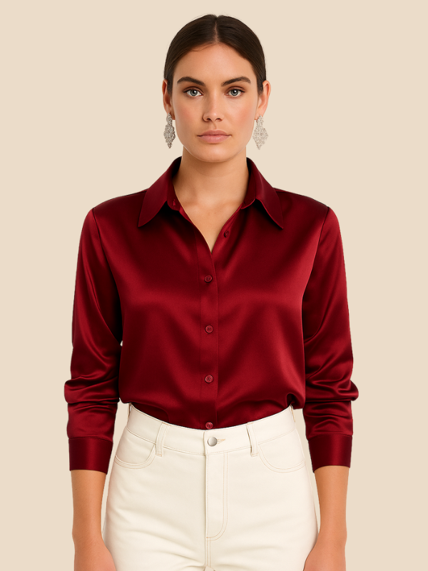 Elegant women's long sleeve button-up blouse, versatile for office & casual wear.