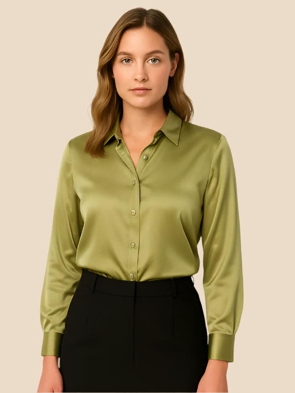 Modern women's button-up long sleeve top, elegant for office and daily wear.