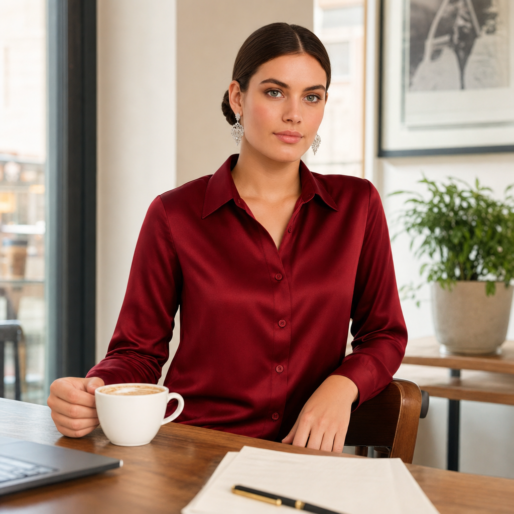 Chic women's button-front long sleeve blouse, perfect for professional style.