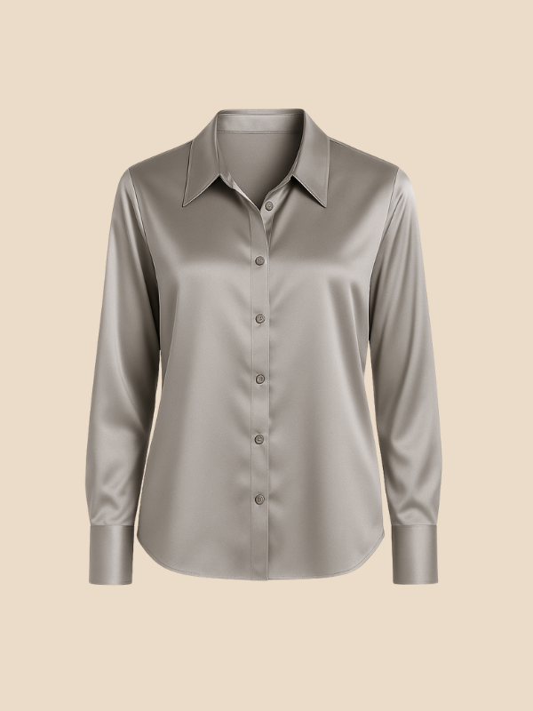 Professional women's long sleeve button-down blouse, elegant and office-ready.