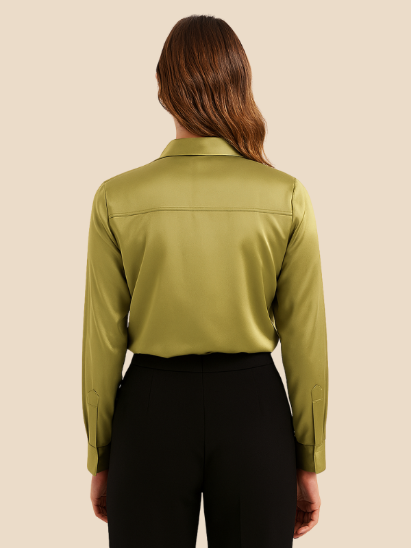 Fashion-forward women's long sleeve button-up blouse, designed for elegance.