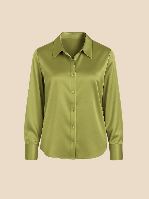 Classic women's long sleeve button-front top, embodying sophisticated office wear.
