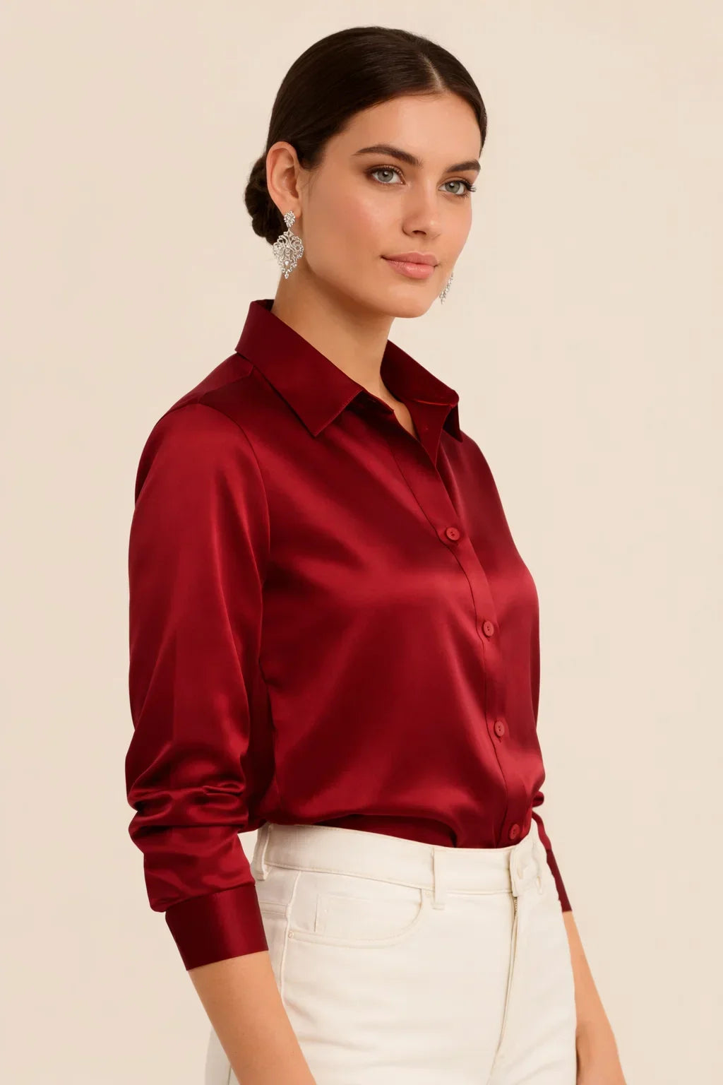 Classic women's button-up long sleeve top, great for business casual fashion.