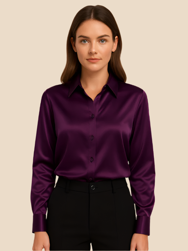 Versatile women's long sleeve button-up top, great for office, casual, or evening.