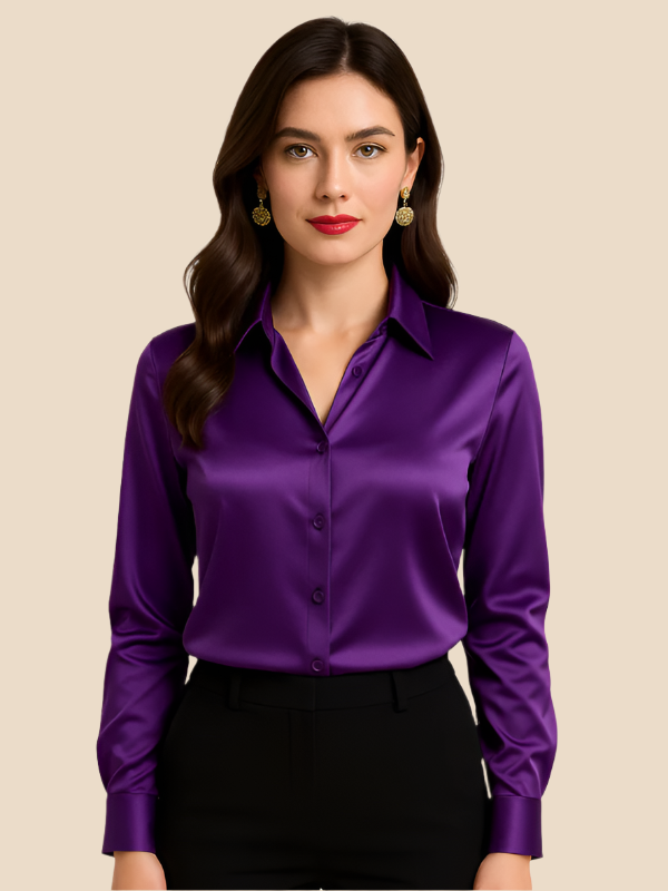 Fashionable women's elegant long sleeve button blouse, a timeless wardrobe staple.