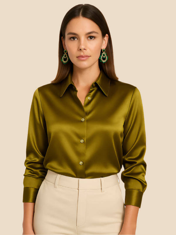 Professional women's elegant long sleeve button blouse, offering sophisticated style.