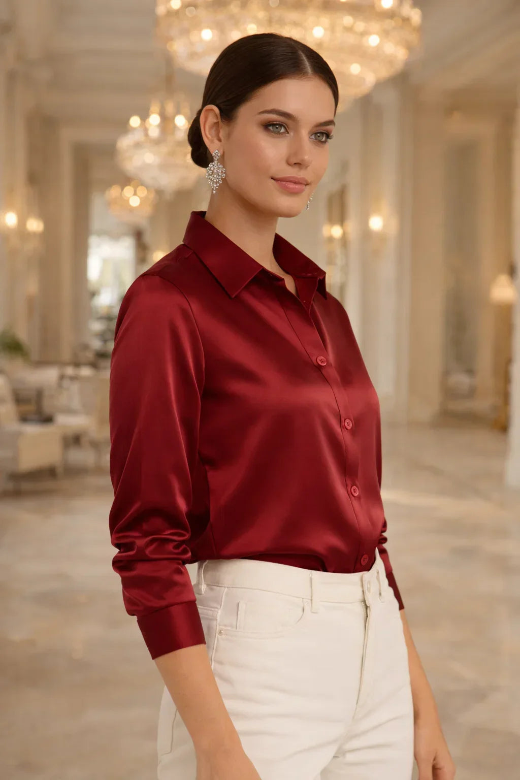 Stylish female button-down blouse, elegant and comfortable for work or leisure.