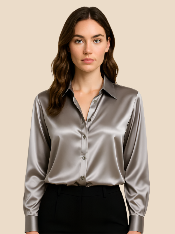 Fashionable women's button-front shirt, suitable for office and casual elegance.