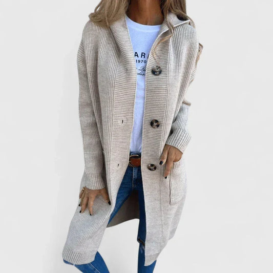 Elegant women's long sleeve cardigan in a chic neutral tone, perfect for versatile spring layering & comfortable style.