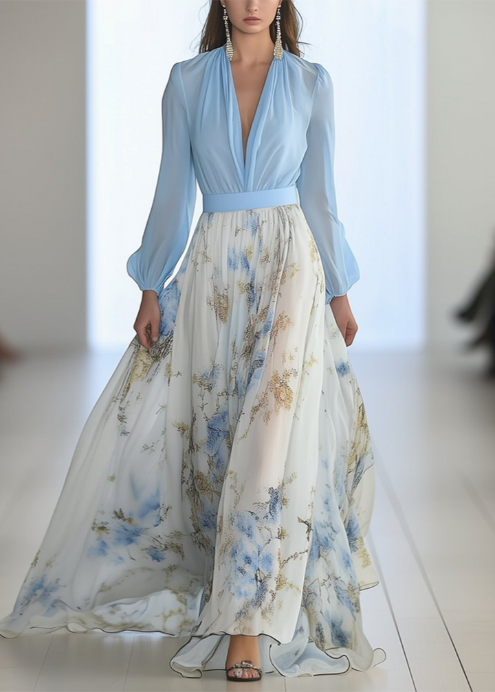 Elegant women's long-sleeve floral maxi dress with a deep V-neck, perfect for spring/summer occasions.