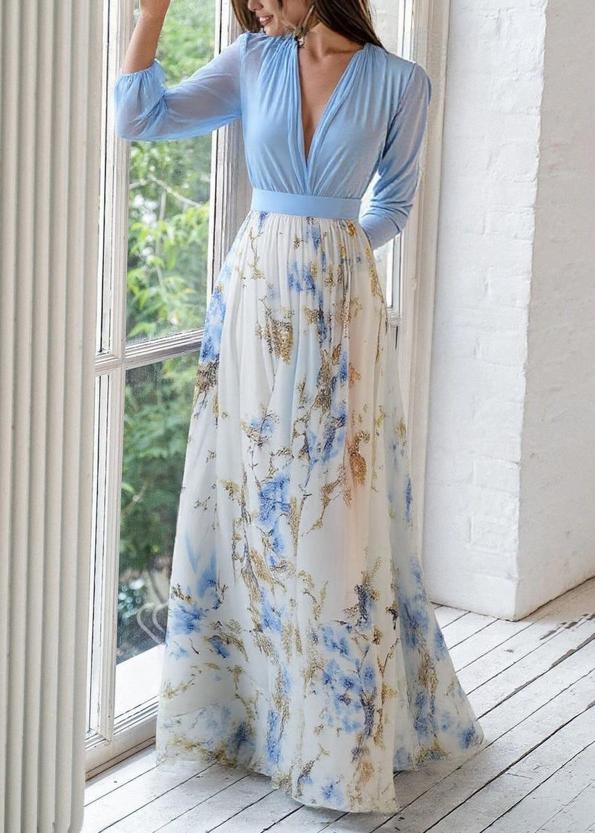 Chic women's long-sleeve floral maxi dress, deep V-neck design, ideal for casual or formal events.