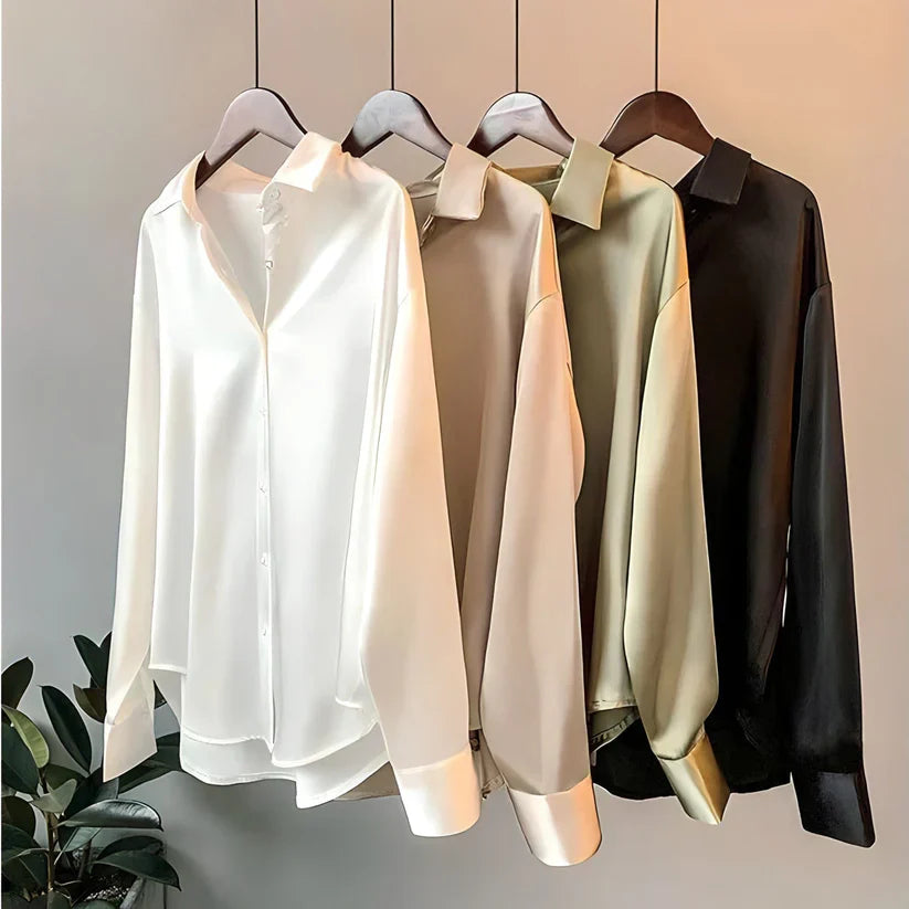 Professional women's work blouse, long sleeve, offering a comfortable loose fit for the office.